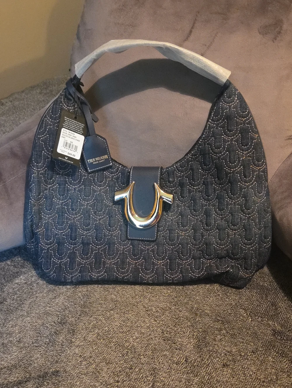 True Religion Denim Hobo Bag in Dark Blue with Silver Hardware